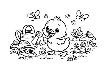 Silly duckling exploring a spring garden with small vegetables and flowers, a watering can nearby, ladybugs
