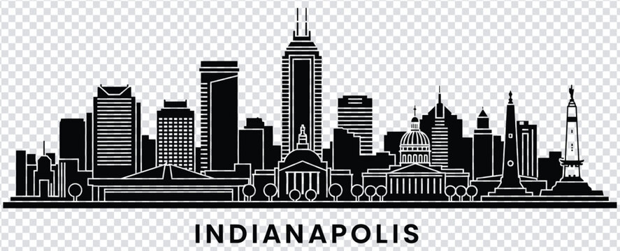 Black and white indianapolis city skyline silhouette with prominent buildings