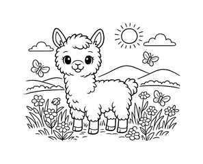Fototapeta premium Baby llama standing in a sunny meadow with tall grass, wildflowers blooming around, butterflies fluttering