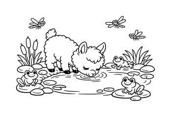 Fototapeta premium Baby llama drinking from a calm pond with smooth stones along the shore, reeds growing nearby, friendly frogs