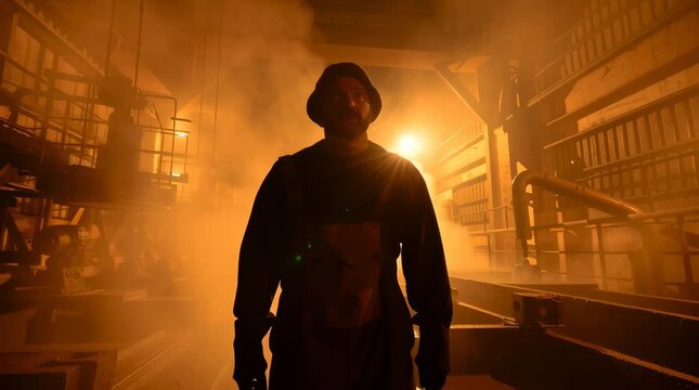 A solitary factory worker standing near humming machinery night dim industrial lights casting long shadows. Steam rises machines, highlighting dust particles air stares blankly, exhausted, conveying