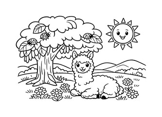 Fototapeta premium Friendly alpaca resting under a big leafy tree in a grassy meadow with daisies around, ladybugs crawling on