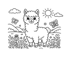 Fototapeta premium Friendly alpaca standing in a sunny meadow with tall grass, blooming wildflowers, butterflies fluttering nearby