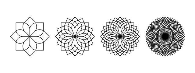 Set of simple linear flower icons isolated on white background. Floral spirograph shapes. Lotus or chrysanthemum petals top view. Simple mandala elements. Vector graphic illustration.