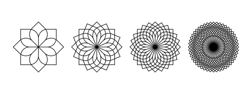 Set of simple linear flower icons isolated on white background. Floral spirograph shapes. Lotus or chrysanthemum petals top view. Simple mandala elements. Vector graphic illustration.