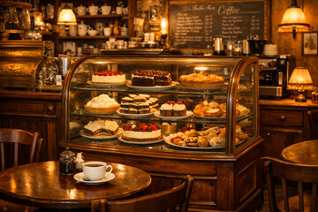 Fototapeta premium Cozy vintage cafe interior, cakes, pastries, coffee, and rustic wooden table create a warm, inviting atmosphere for a delightful break