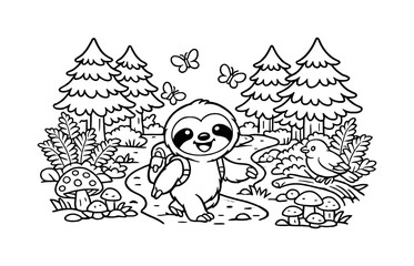 Fototapeta premium Cheerful sloth exploring a forest path with tall trees, ferns and mushrooms along the trail, butterflies flying