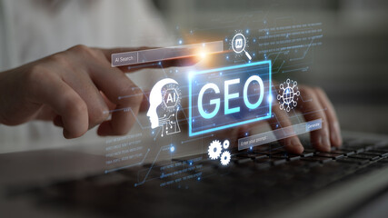 Obraz premium Digital marketing concept featuring GEO strategy. Generative AI search visual shows GEO interface integrating intelligence, logic, and AI input system for prompt tasks. Corpus