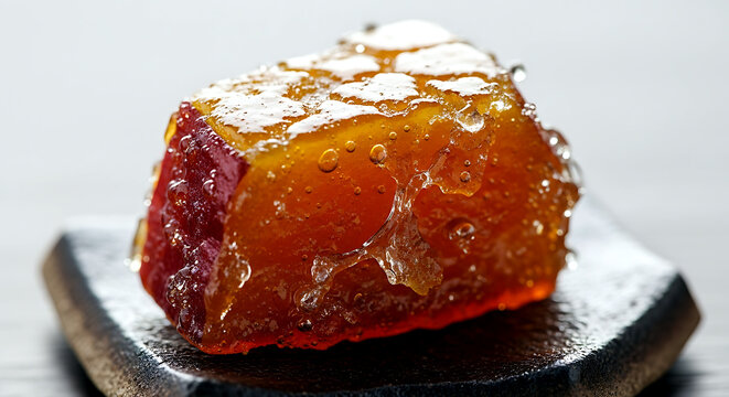 Wabi-sabi aesthetic of a single, candied sweet potato (daigaku imo) piece with a glossy, crackled sugar coating, resting on a fragment of a dark, rough-textured ceramic plate 