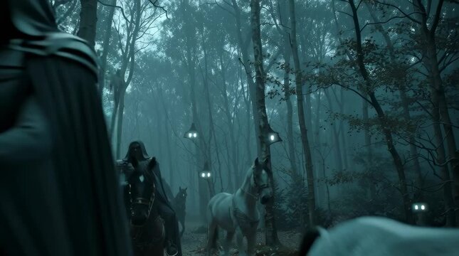 Cinematic dark fantasy forest ambush, spectral armored horsemen glowing eyes, twisted haunted trees, dense fog, ghostly spirits swirling, flashes of pale lightning, grotesque hidden monsters, epic