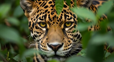 Obraz premium Close-up of a majestic spotted cat peering through lush green foliage