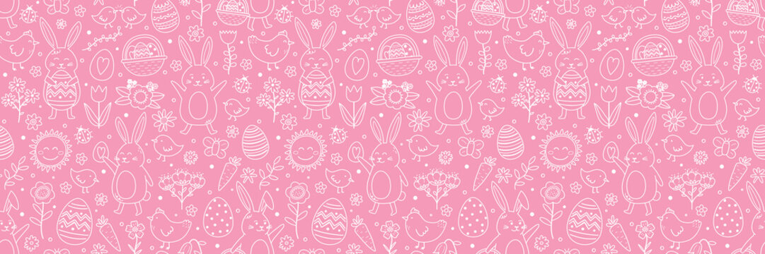 Easter seamless pattern with cute hand drawn bunny, eggs, chick and flower. Cartoon style background. Vector illustration