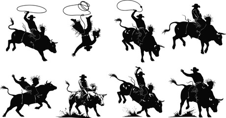 Rodeo Bull Riding Silhouettes Set Featuring Cowboy Action Poses Lasso Roping Bull Rider Stunts and Wild West Competition Vector Illustrations