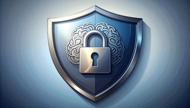 3D brain lock security shield icon with metallic finish and digital circuit design for cyber protection