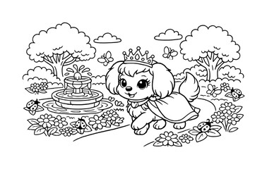 Cute cartoon puppy wearing a crown and cape in a garden with a fountain and butterflies