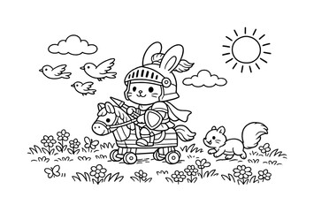 Obraz premium Cute bunny knight riding a toy horse through a meadow with a squirrel and birds
