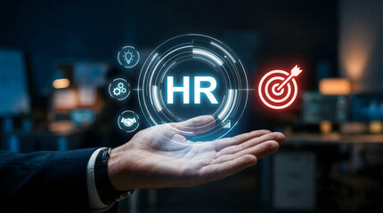 Fototapeta premium Human Resources Strategy Concept with HR Goal Targeting Performance Objectives and Talent Management Visualization