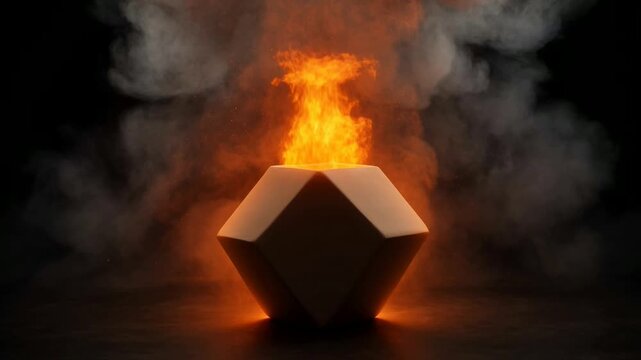 Mystical black pentagon shape glowing with orange fire and smoke in dramatic dark scene epic fire flames surrounding geometric shape magical portal concept