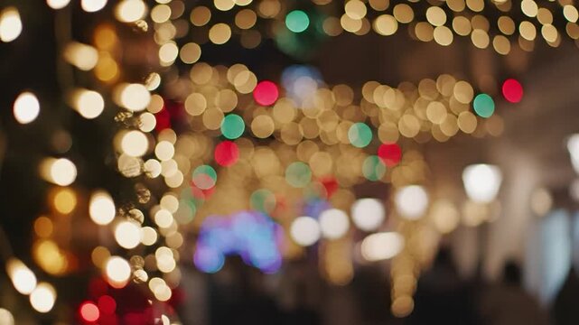Blurred Christmas lights on buildings.