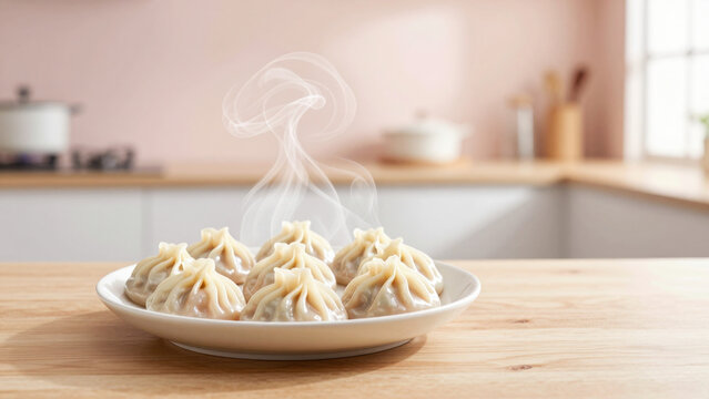 Steaming xiaolongbao sit on a white plate against a warm, blurred wooden surface. A gentle depth of field highlights the dumplings, with wisps of steam rising, creating a stylish and inviting scene.