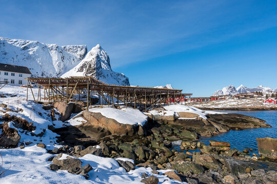 Snowy coastal landscape with wooden fish drying racks and mountains in Lofoten, Norway