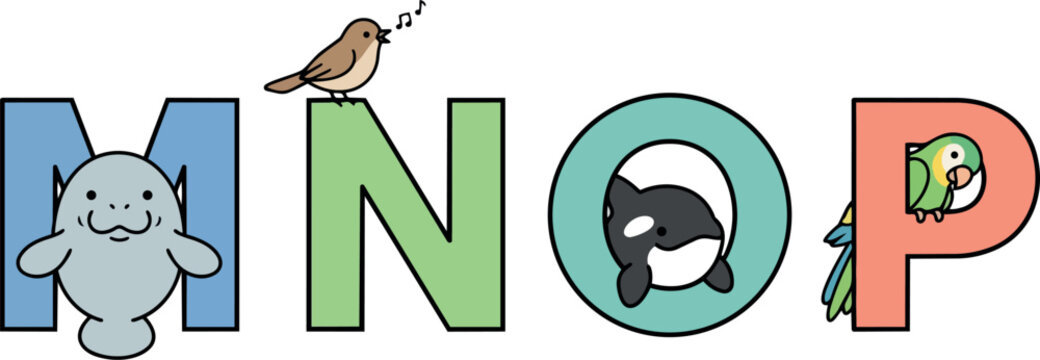 Cute smiling manatee singing bird orca and colorful parrot integrated with letters mnop in playful flat design vector art