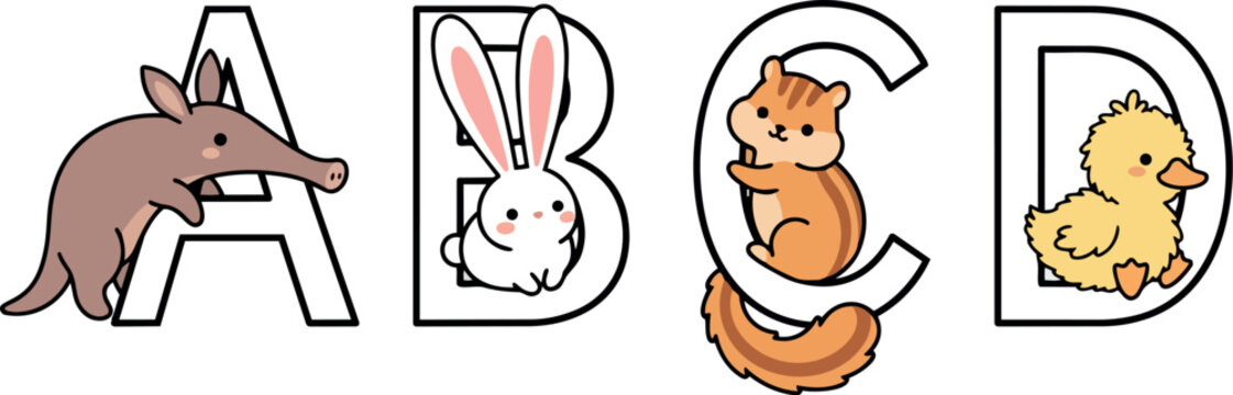 Cute cartoon vector animals with letters including armadillo by letter a bunny by letter b chipmunk by letter c and duckling by letter d educational playful design