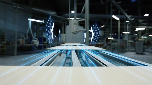 Smart factory inside. Production of ceramic tiles. Ceramic tile factory. Smart Plants and Industry concept. Ceramic tiles moving on the production line. Industrial interior.