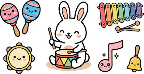 Obraz premium Cute bunny playing colorful drum with smiling maracas tambourine xylophone musical notes bell vector illustration
