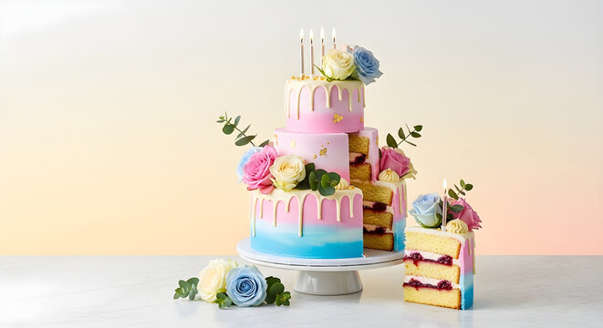Beautiful tiered birthday cake with colorful drip icing and fresh flowers on white marble surface.
