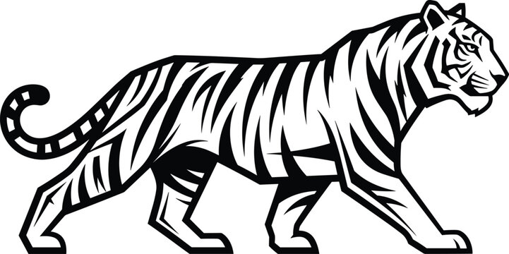 Tiger Silhouette Vector Illustration, Wild Bengal Cat Standing Side View, Safari Animal Mascot Design, Jungle Predator Graphic, Black and White, Logo