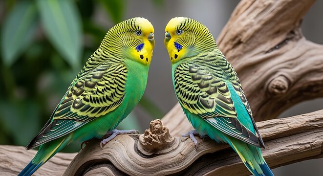 two green and yellow parakeets on a branch illustration