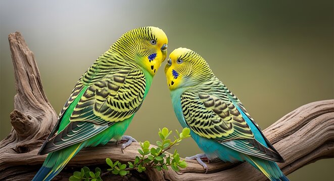two green and blue parakeets on a branch illustration