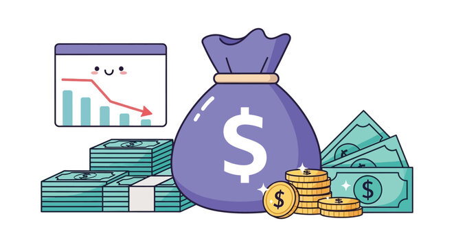 A purple money bag with a dollar sign surrounded by stacks of cash and coins with a downward trend graph in the background