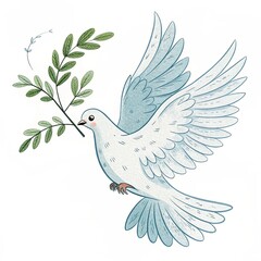 Fototapeta premium Flying white dove carrying olive branch on clean white background symbolizing peace and harmony in flight