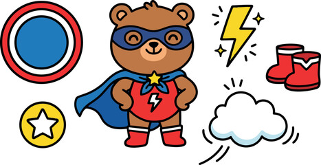 Fototapeta premium Cute superhero bear standing with blue cape red boots and mask surrounded by cartoon lightning cloud and star shield icons