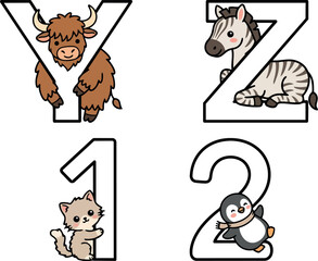 Fototapeta premium Cute cartoon yak with letter y baby zebra with letter z playful kitten with number one happy penguin with number two vector art