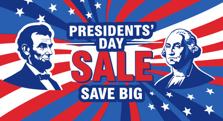 Abraham Lincoln and George Washington flank bold text promoting a Presidents' Day sale event.