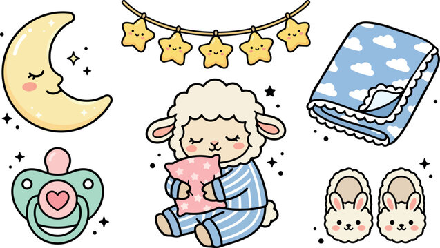 Cute kawaii lamb in blue striped pajamas hugging pink star pillow surrounded by crescent moon pacifier bunny slippers and star garland