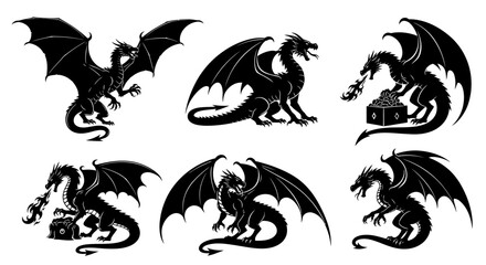 Obraz premium Dragon Silhouette Pose Set Flying Roaring Fantasy Dragon Vector Isolated on White