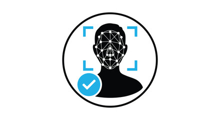 Simple vector graphic illustration representing successful biometric facial recognition authentication confirming identity security access through modern digital technology.