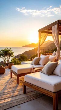 Tranquil poolside cabana with lounge chairs overlooking a sun-drenched ocean vista