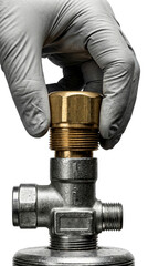 Hand in protective glove screwing a brass fitting onto a metal valve assembly on, transparent background