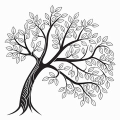 Fototapeta premium Elegant tree silhouette, full of detailed leaves, graceful branches arching outwards, representing vitality and flourishing nature, isolated on white