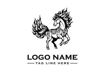 Black and white logo design featuring a stylized horse with flowing mane and tail on a white background with space for logo name and tagline. © Lucaa
