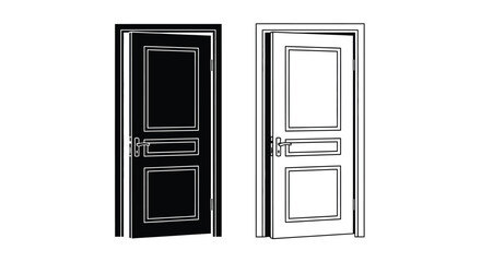 Two doors presented in contrasting black and white line art styles