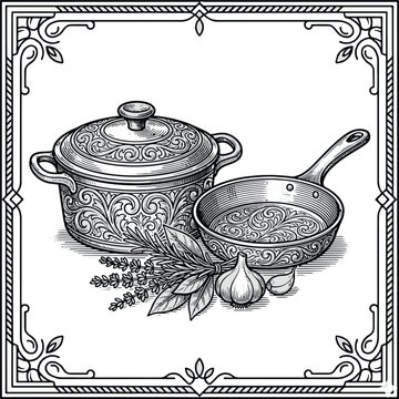 vector illustration of an old fashioned kitchen utensils pand and pot