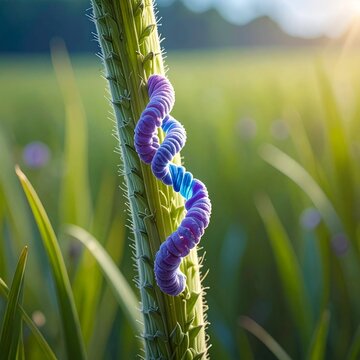 Vibrant purple and blue caterpillar on wheat stalk in golden sunlight field