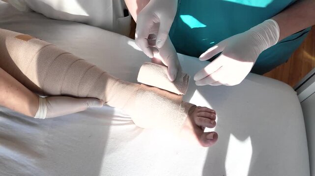 Top view of nursing instructor guiding student nurse while applying compression bandage on patient leg during clinical training