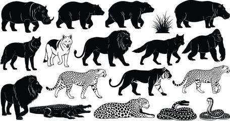 Wild animal silhouette collection featuring lion tiger bear leopard wolf crocodile gorilla rhino snake for zoo nature cad drawing flat vector illustration. © Robiul